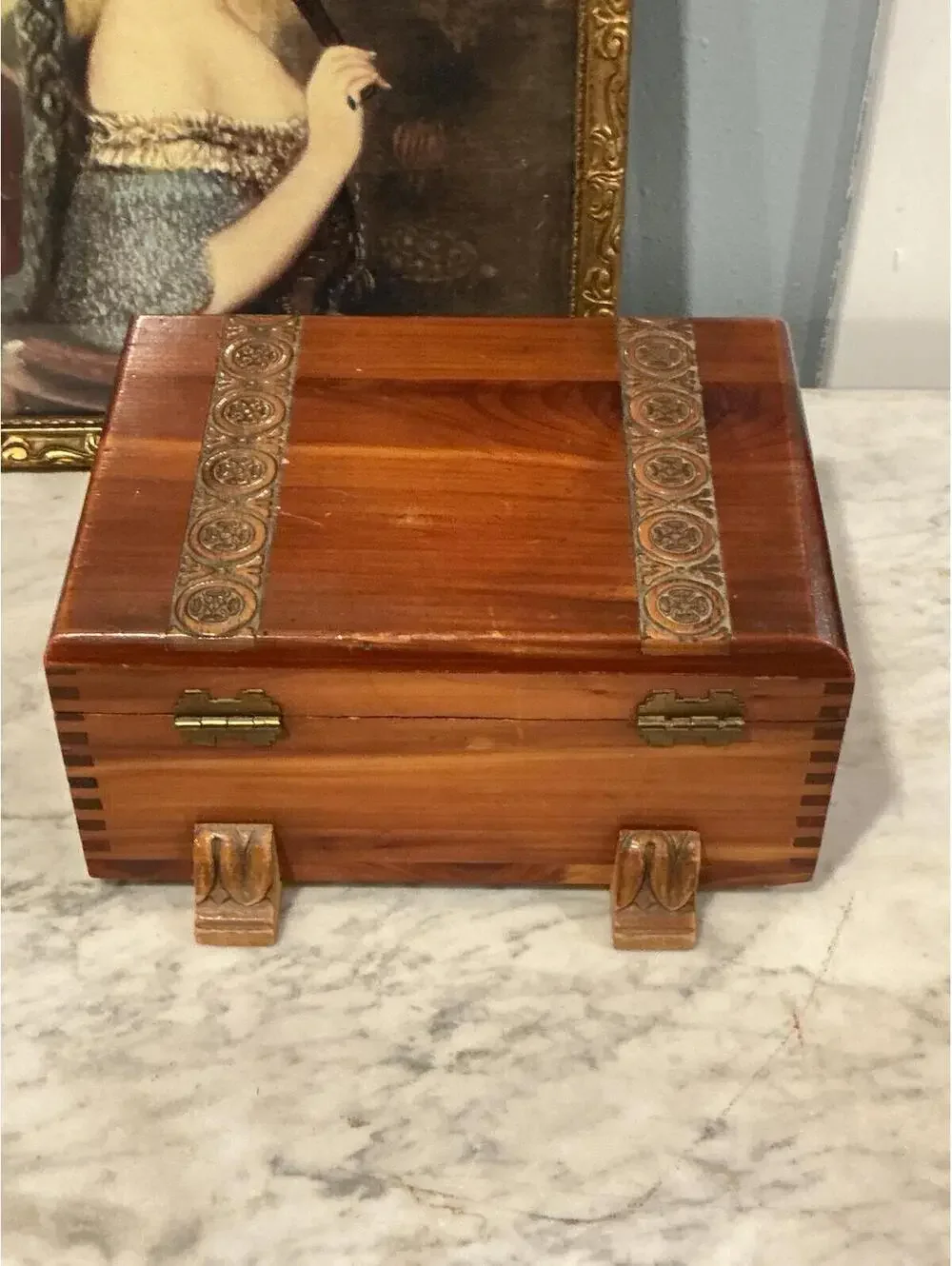 Vintage Footed Cedar Jewelry Box Keepsake Chest with Brass Latch & Carved Feet